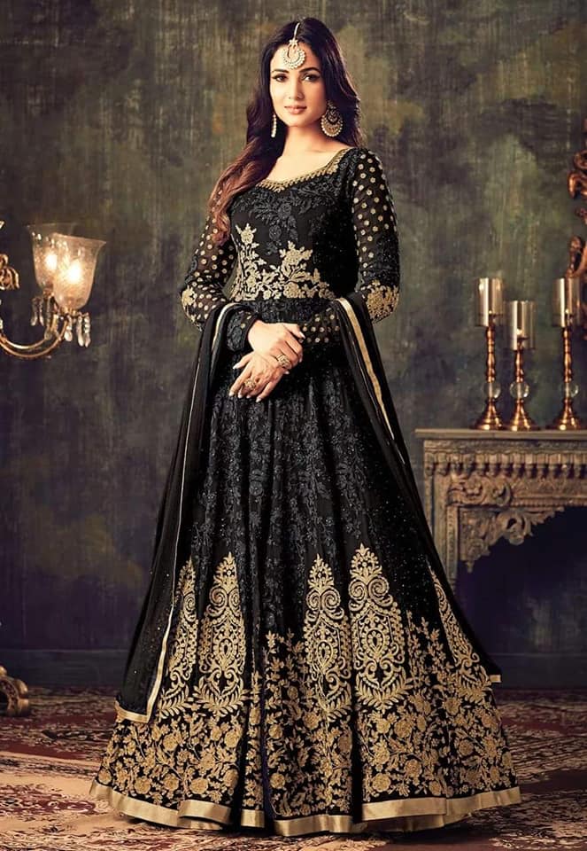 Black and Gold Embroidered Gown - Indian Heavy Anarkali Lehenga Gowns  Sharara Sarees Pakistani Dresses in USA/UK/Canada/UAE - IndiaBoulevard